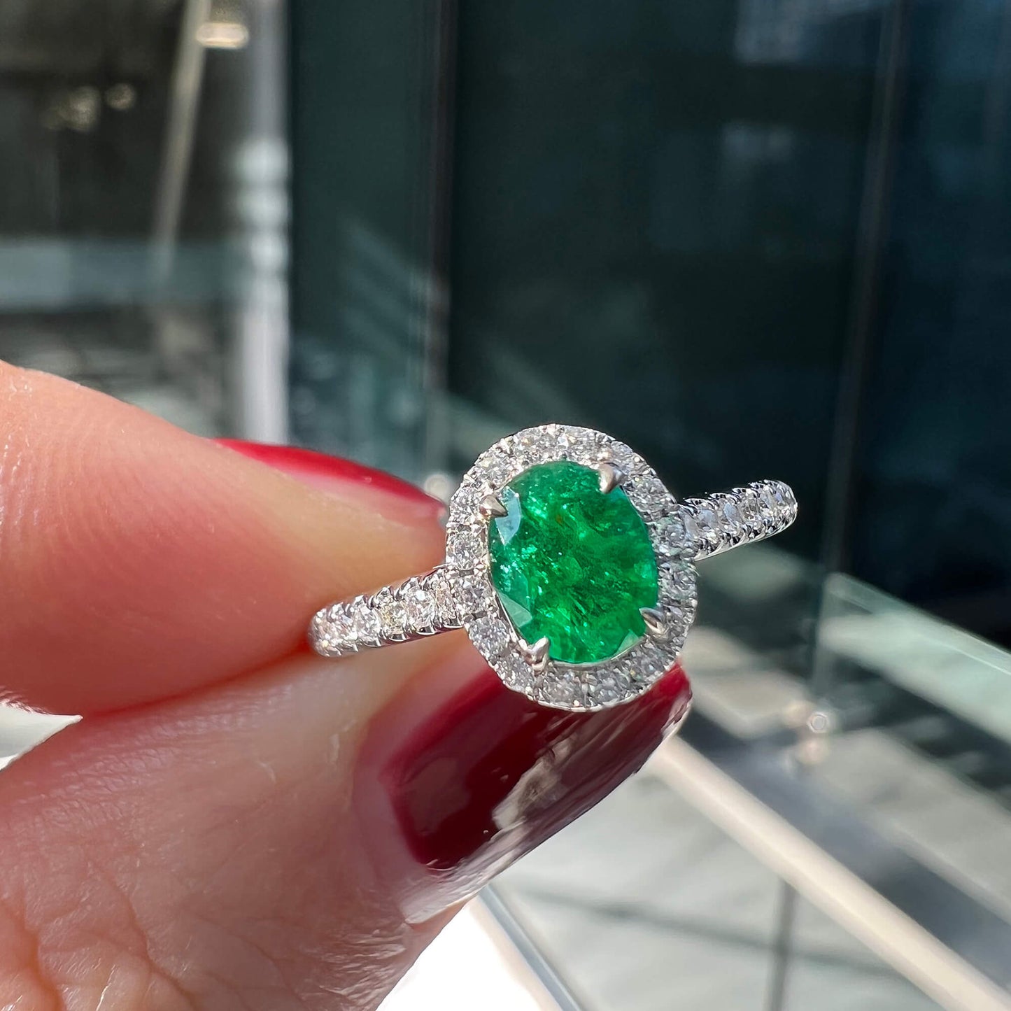 Natural Green Colombian Emerald Halo Ring, 18K White Gold, Oval Shape, 0.74 Ct. TW