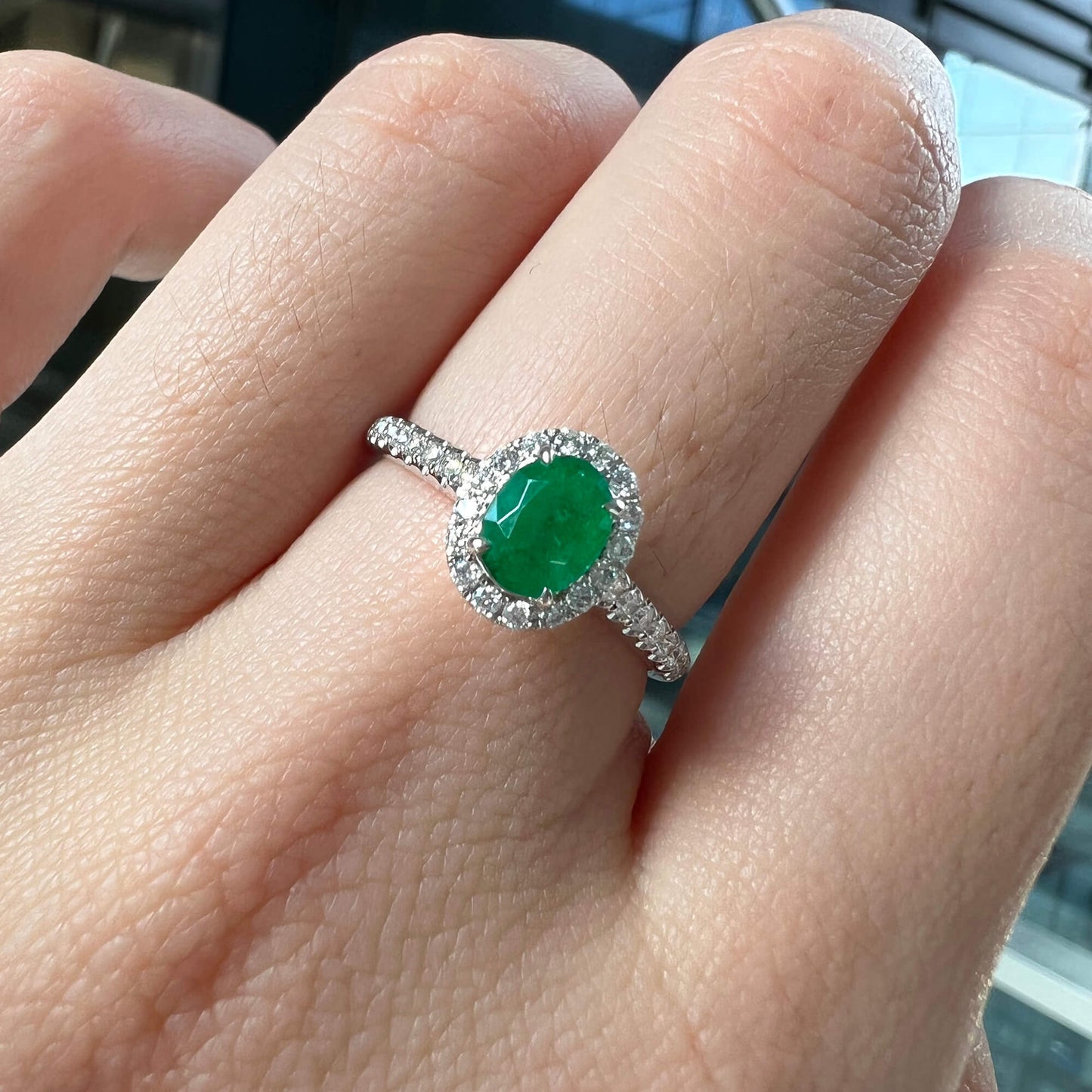 Natural Green Colombian Emerald Halo Ring, 18K White Gold, Oval Shape, 0.87 Ct. TW