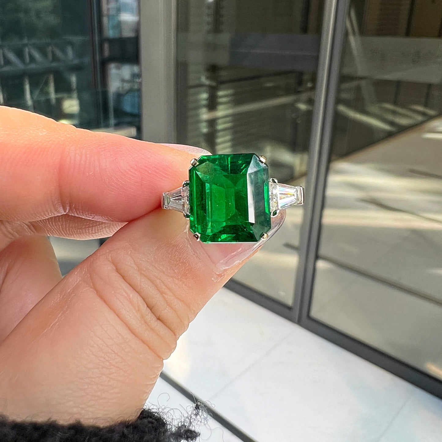 Natural Vivid Green Zambian Emerald Three Stone Ring, 18K White Gold, Cushion Shape, 6.22 Ct. TW