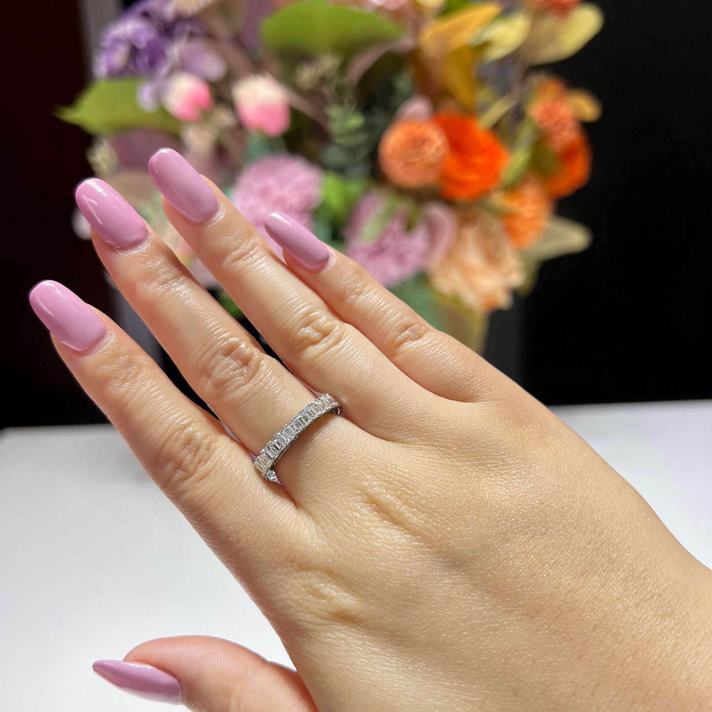 Natural Diamond Full Eternity Ring, 18K White Gold, Baguette Shape, 5.66 Ct. TW