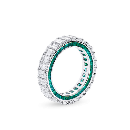 White Diamond and Emerald Eternity Band Ring, 4.26 Ct. (7.13 Ct. TW), Emerald Shape