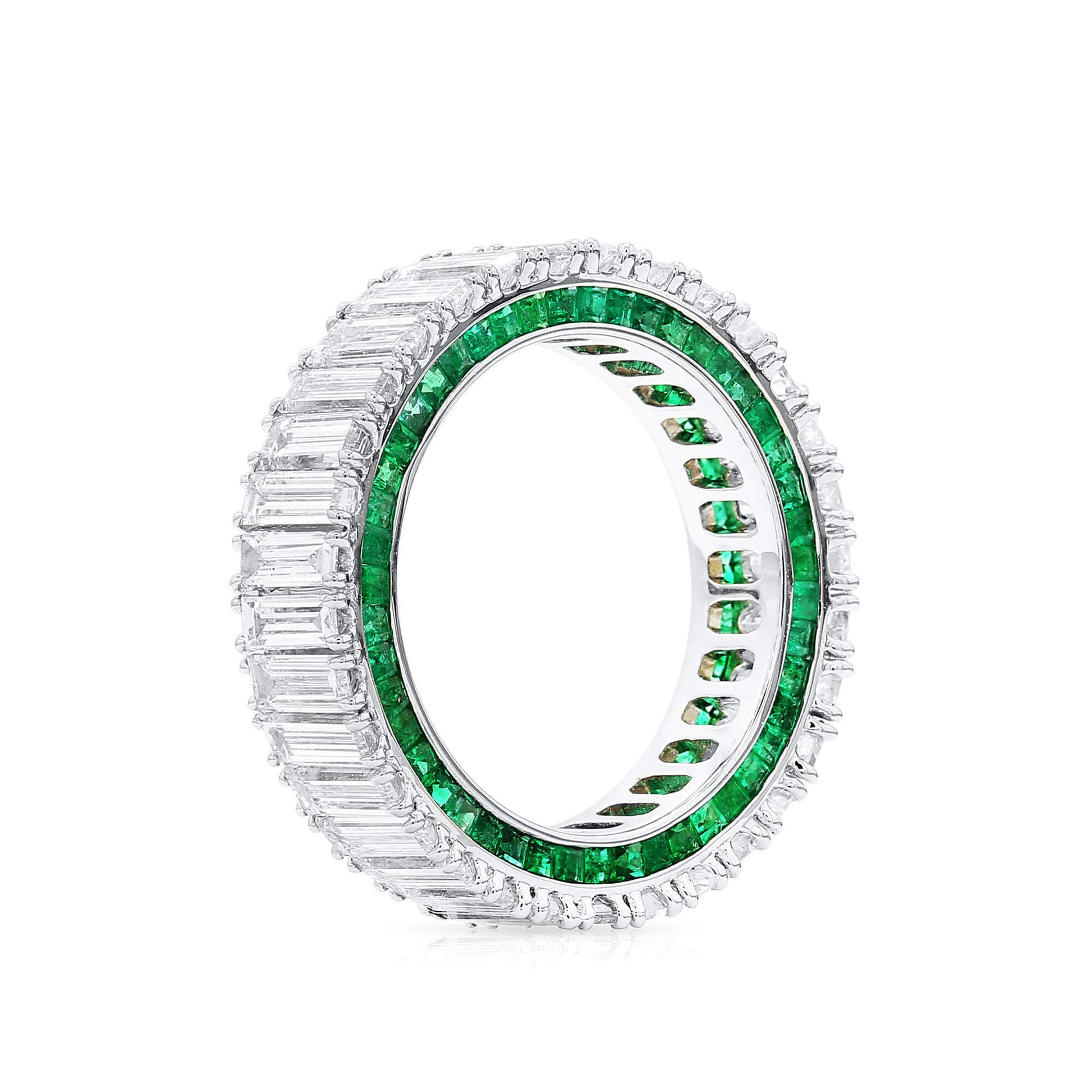 White Diamond and Emerald Eternity Band Ring, 4.87 Ct. (7.75 Ct. TW), Baguette shape