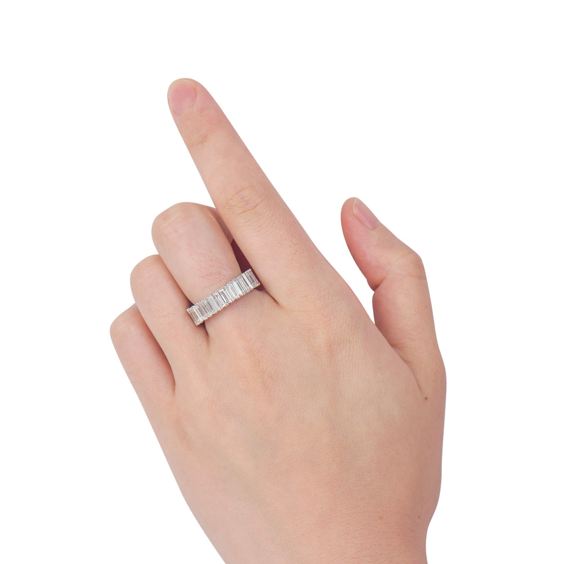 White Diamond and Emerald Eternity Band Ring, 4.87 Ct. (7.75 Ct. TW), Baguette shape