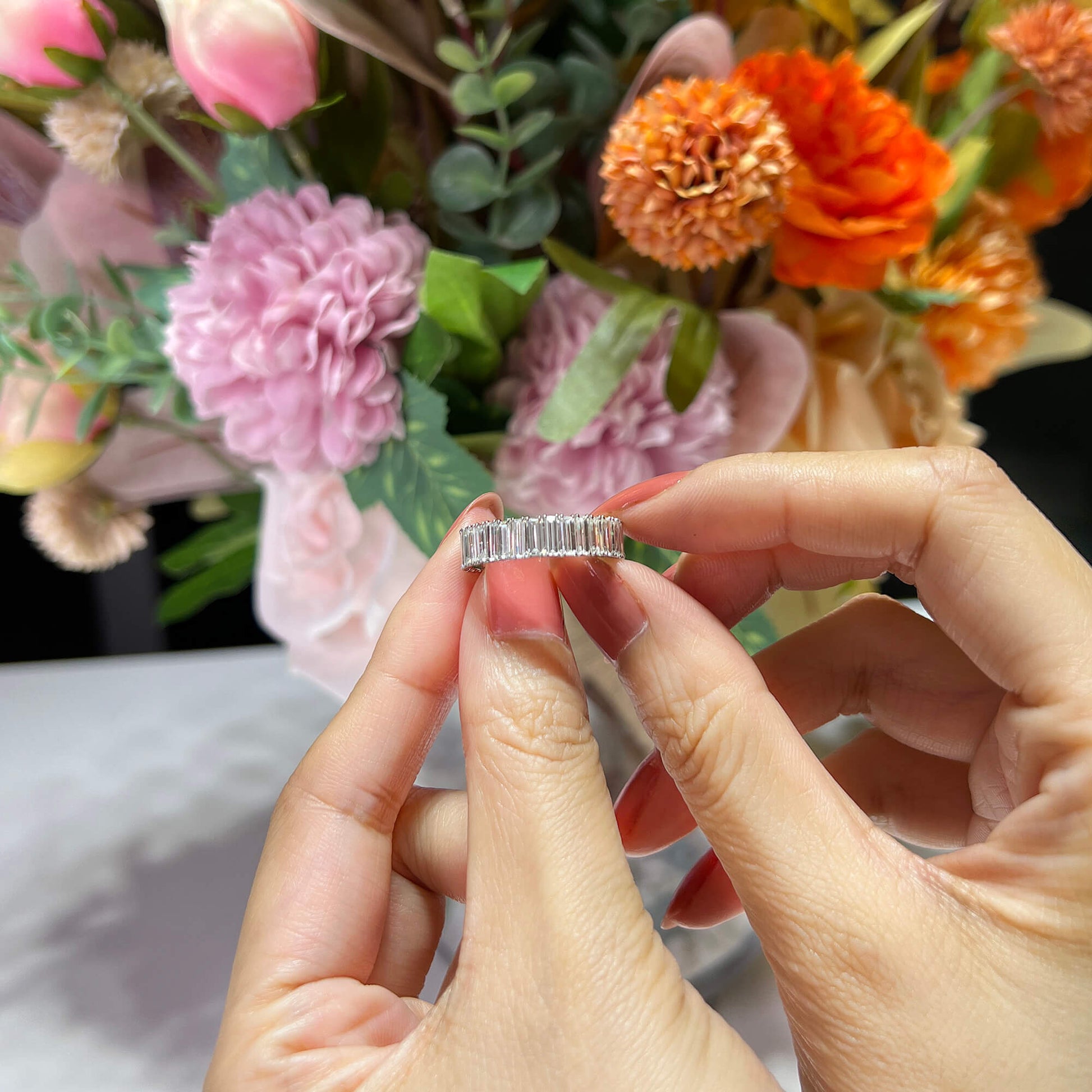 White Diamond and Emerald Eternity Band Ring, 4.87 Ct. (7.75 Ct. TW), Baguette shape