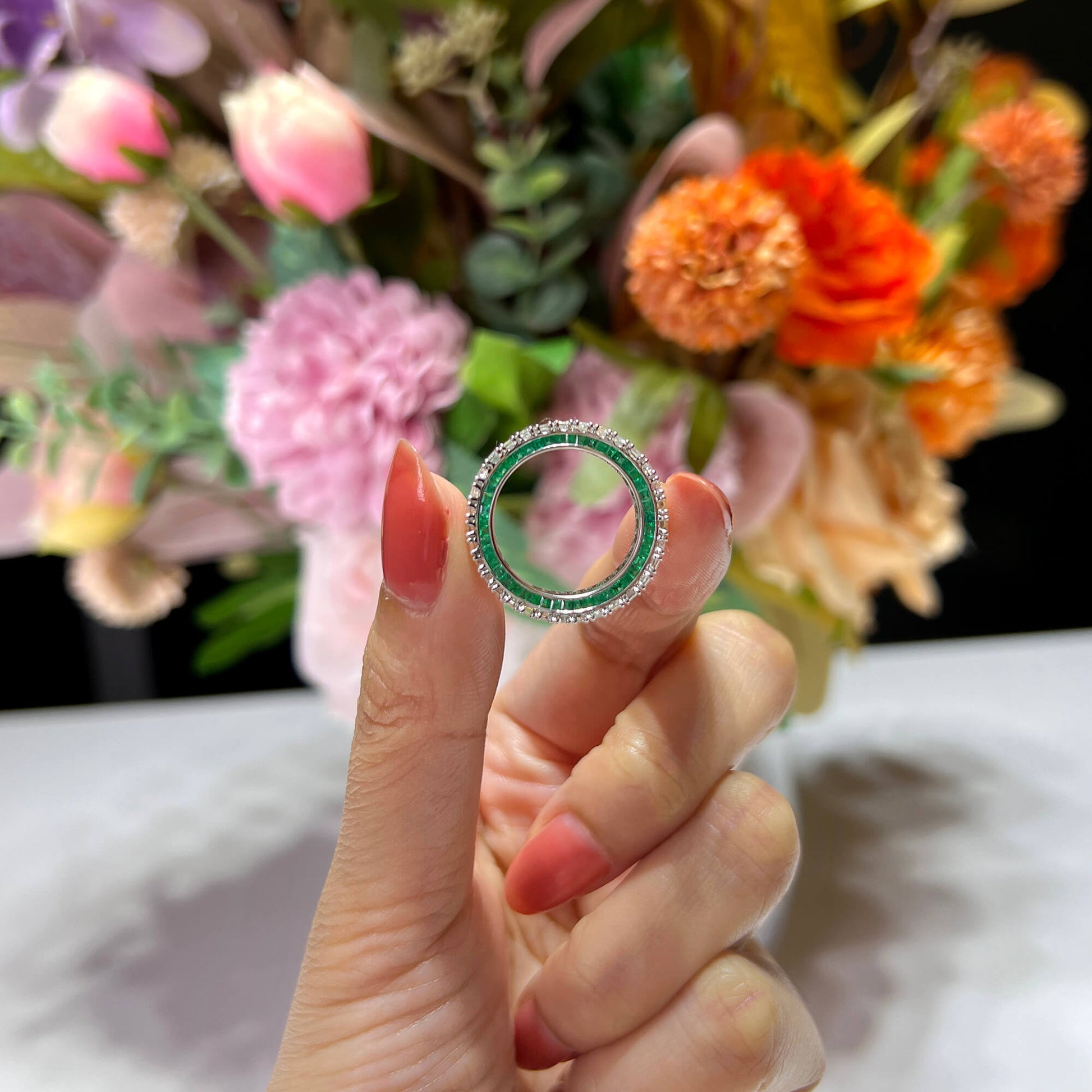 White Diamond and Emerald Eternity Band Ring, 4.87 Ct. (7.75 Ct. TW), Baguette shape