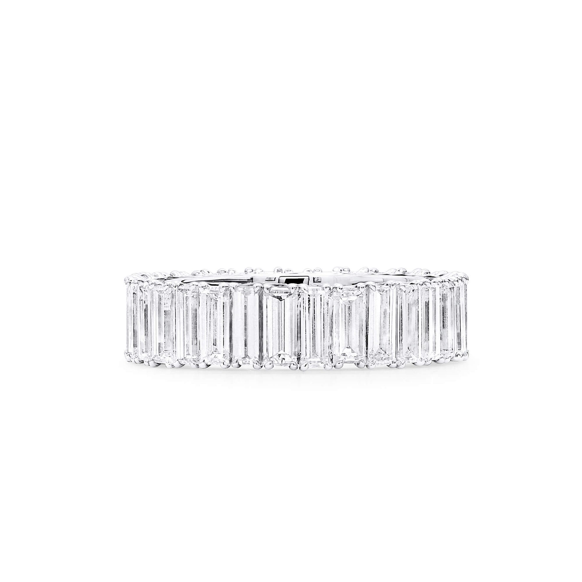 White Diamond and Emerald Eternity Band Ring, 4.87 Ct. (7.75 Ct. TW), Baguette shape