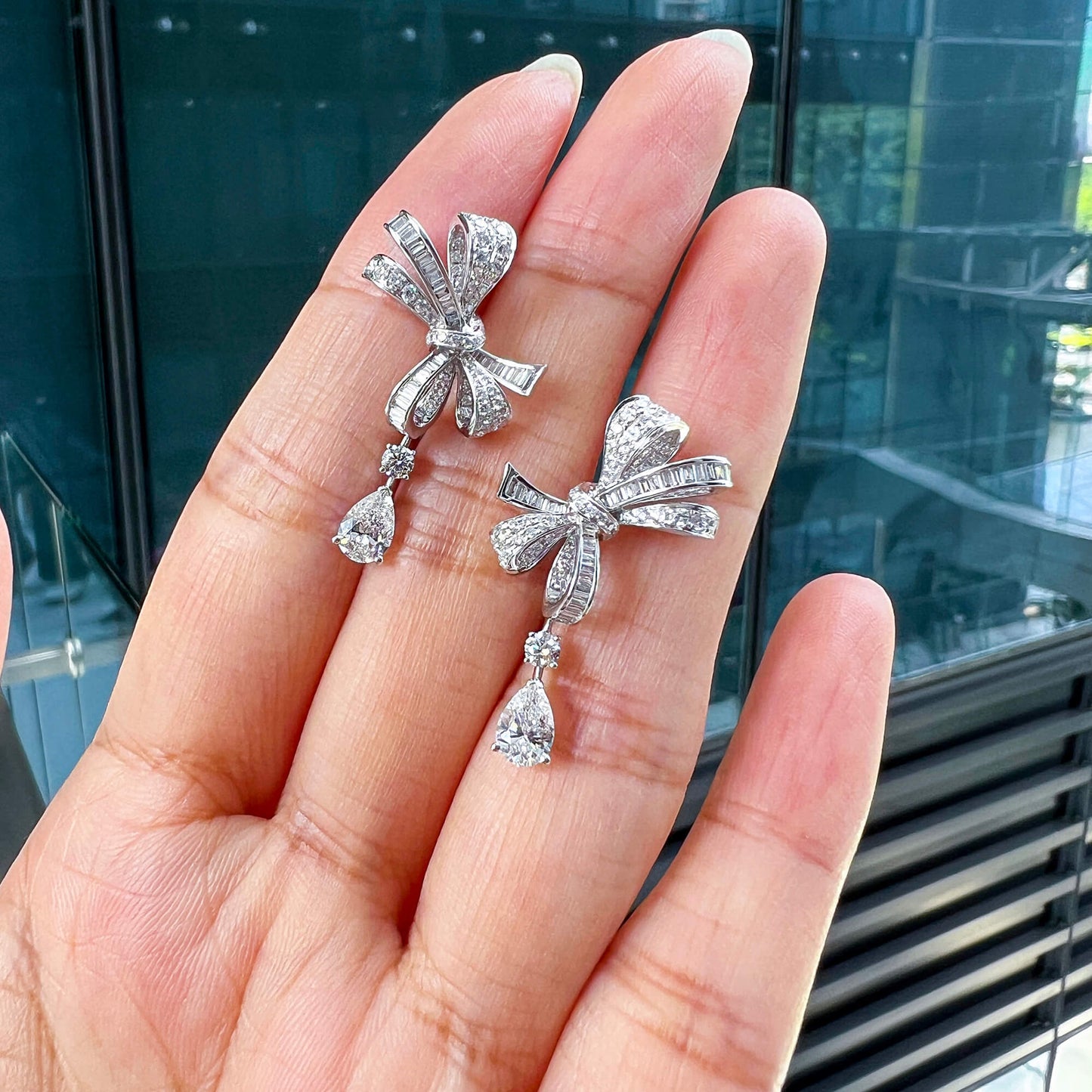 Natural 2.36 Ct. TW Diamond Bow Drop Earrings, 18K White Gold