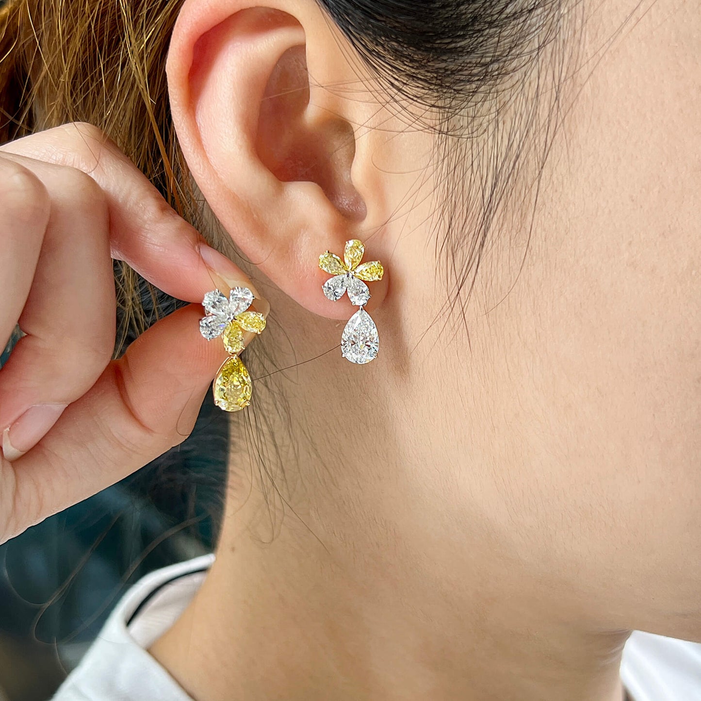 Natural Yellow and White Diamond Drop Earrings, 18K White & Yellow Gold, Pear Shape, 5.72 Ct. TW