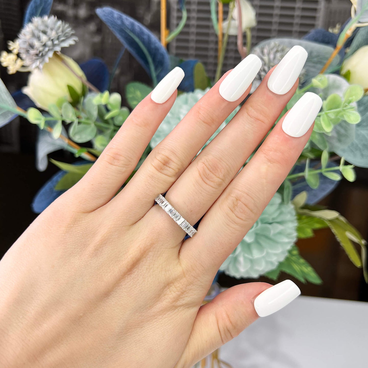 Natural Diamond Full Eternity Ring, 18K White Gold, Emerald Shape, 5.37 Ct. TW