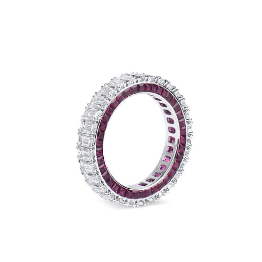 White Diamond & Ruby Eternity Band Ring, 3.69 Ct. (6.24 Ct. TW), Emerald Shape