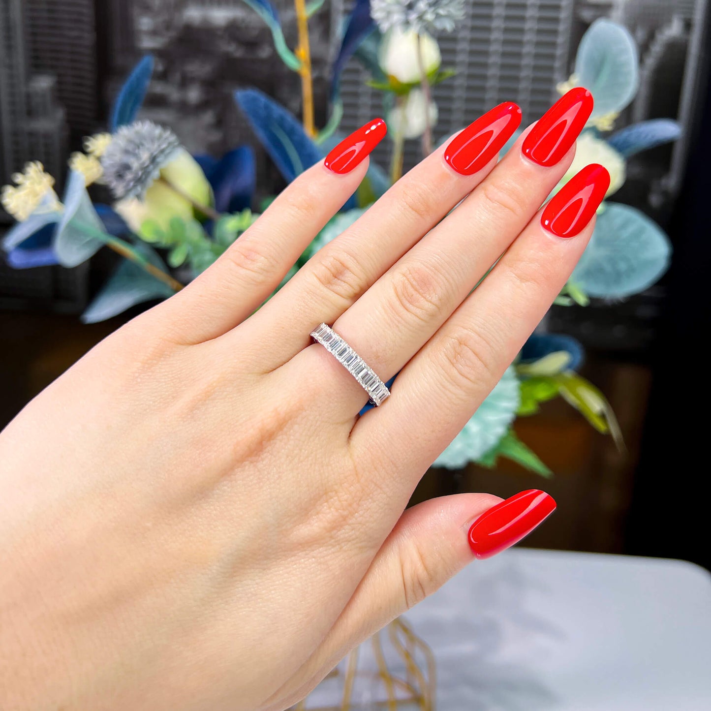 White Diamond & Ruby Eternity Band Ring, 3.78 Ct. (6.46 Ct. TW), Emerald Shape