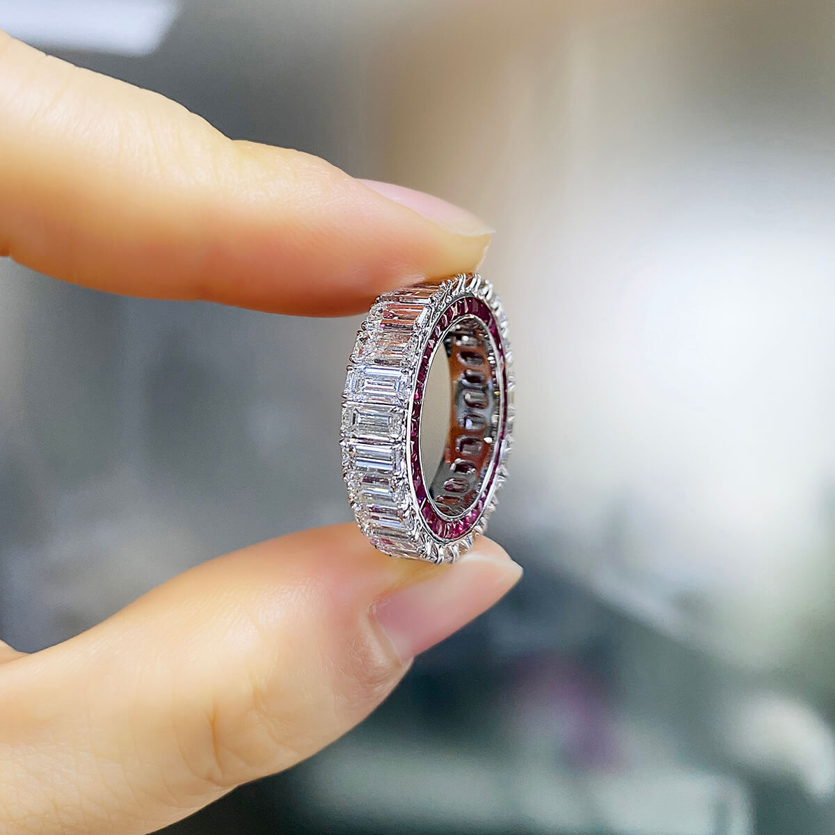 White Diamond & Ruby Eternity Band Ring, 6.74 Ct. (8.86 Ct. TW), Emerald Shape