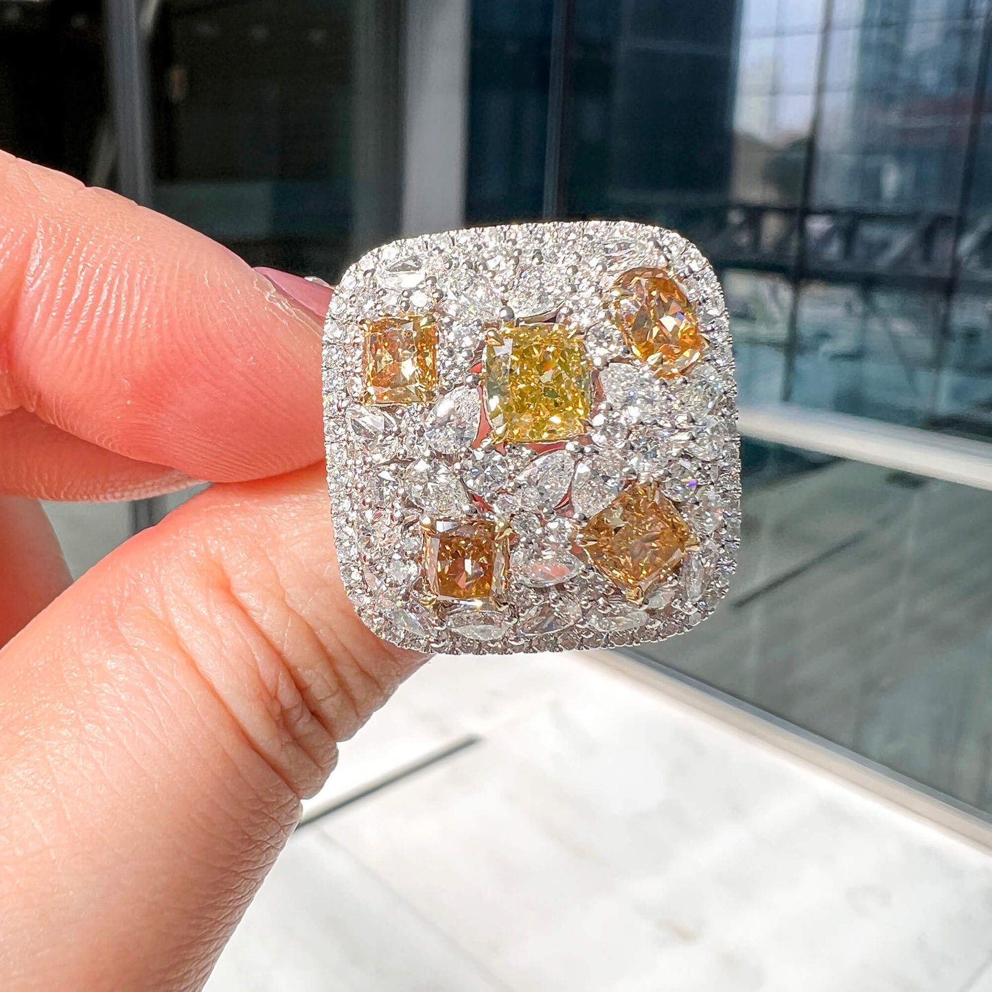 Yellow and White Diamond Ring, 6.39 CT. TW, Multishape