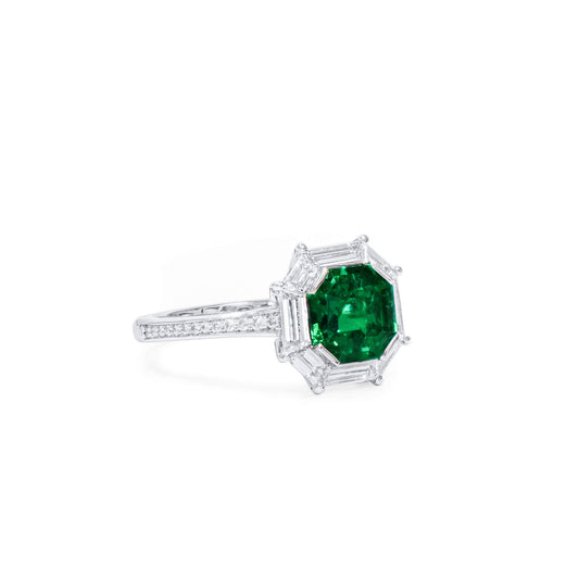 Natural Green Colombian Emerald & Diamond Halo Ring, 18K White Gold, Asscher Shape, 2.92 Ct. TW
