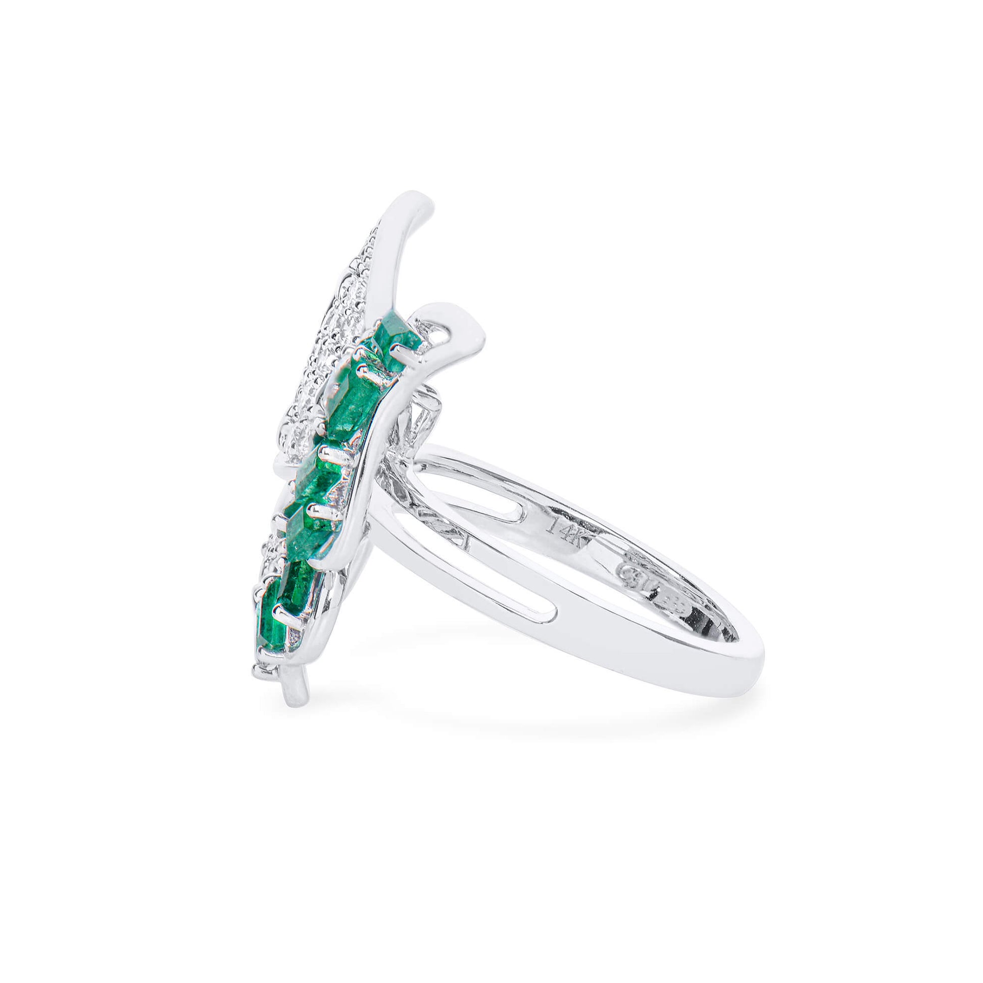 Natural Emerald And Diamond Butterfly Ring, 14K White Gold, 1.96 Ct. TW