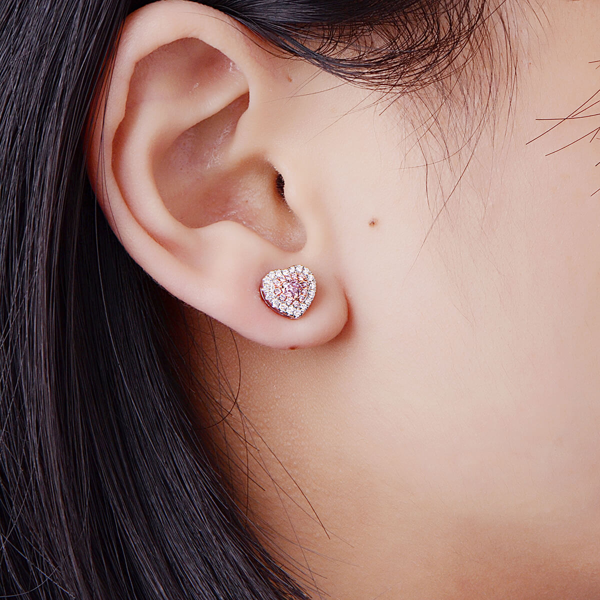 Natural Pink & White Diamond Stud Earrings, 18K White Gold, Heart Shape, 0.60 Ct. TW