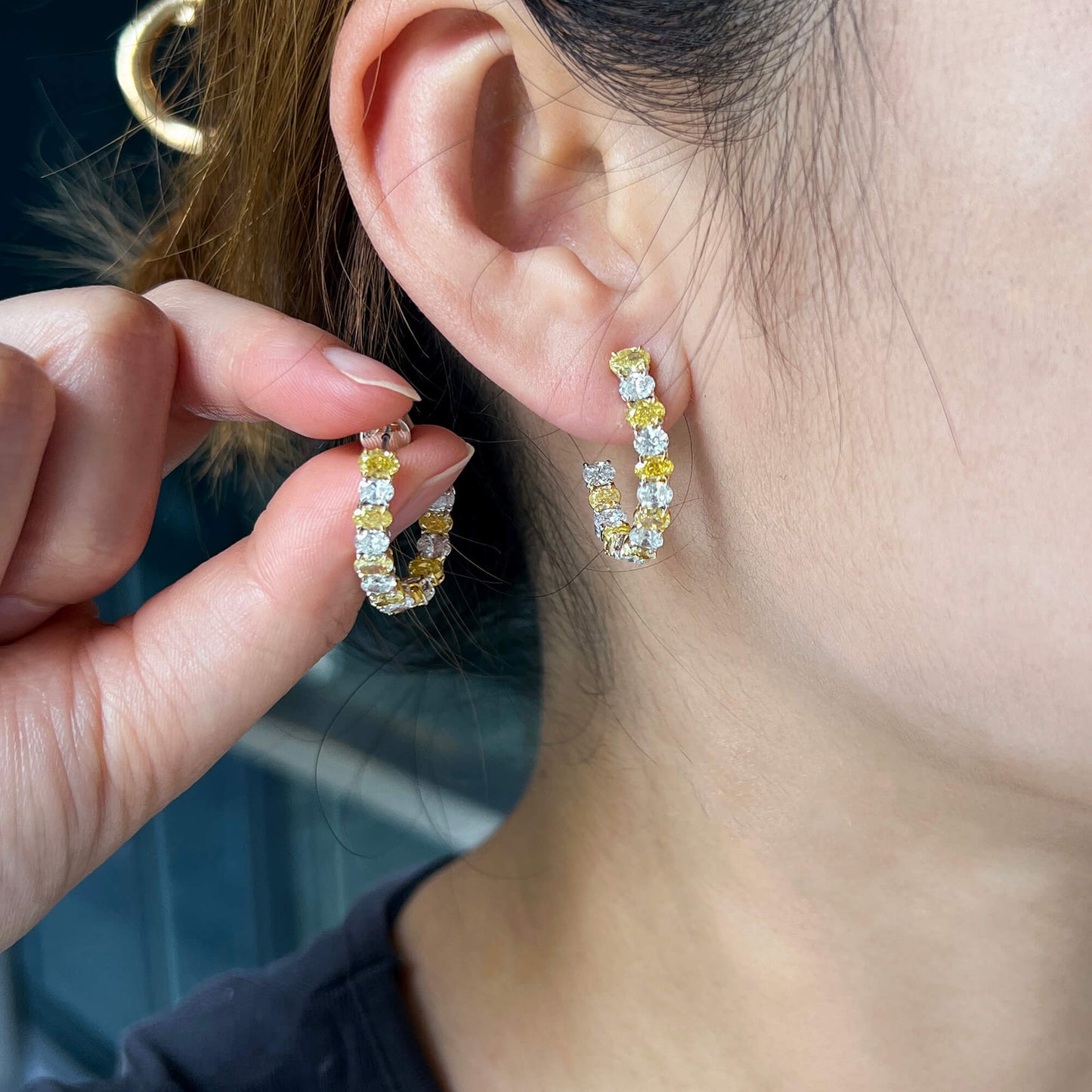 Natural Fancy Yellow & White Hoop Earrings, 18K White & Yellow Gold, Oval Shape, 4.80 Ct. TW