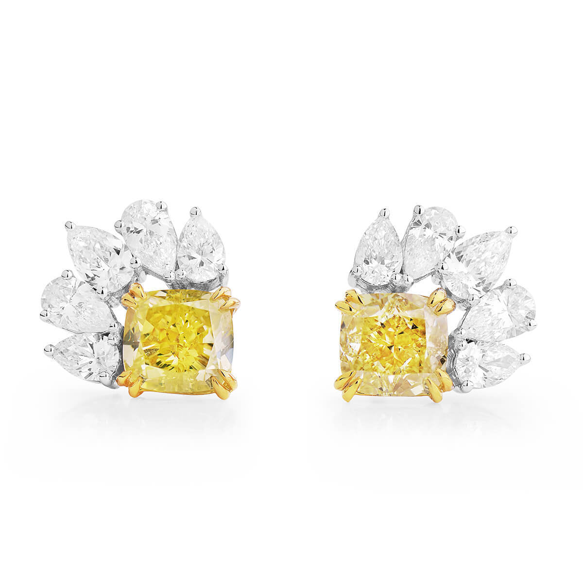 Natural Fancy Yellow & White Cluster Earrings, 18K White Gold, Cushion & Pear Shape, 2.80 Ct. TW