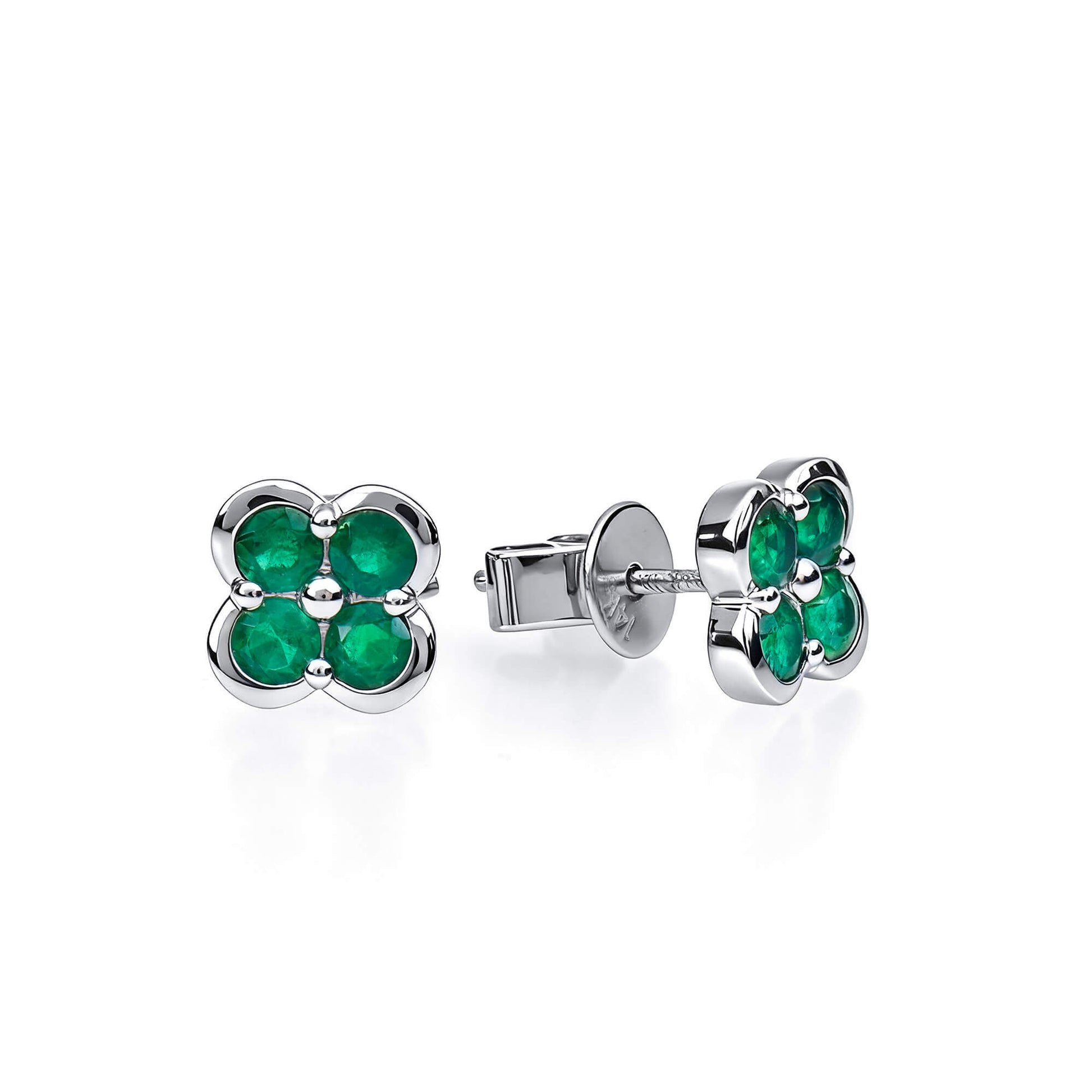 Natural 0.67 Ct. TW Emerald Clover Stud Earrings, 14K White Gold