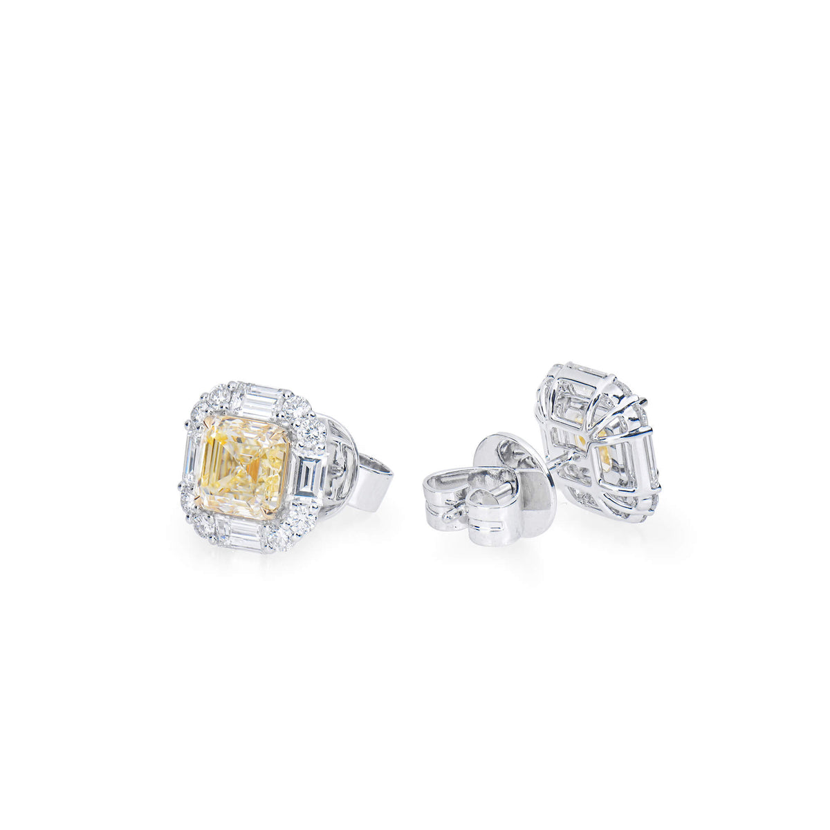 Natural 5.93 Ct. TW Yellow (O-P) Asscher-Cut Diamond Halo Earrings, 18K White Gold