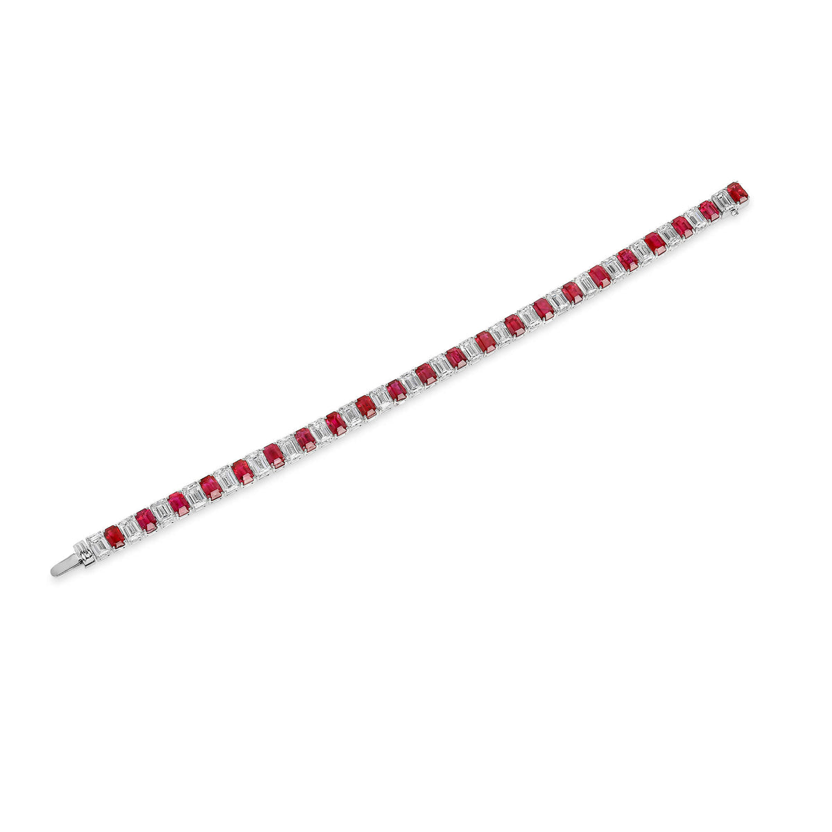 Natural 18.55 Ct. TW Emerald-Cut Ruby & Diamond Bracelet, 18K White Gold