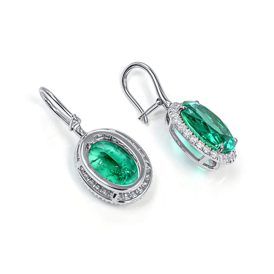 Natural 18.33 Ct. Oval-Cut Colombian Emerald & Diamond Drop Earrings, 18K White Gold