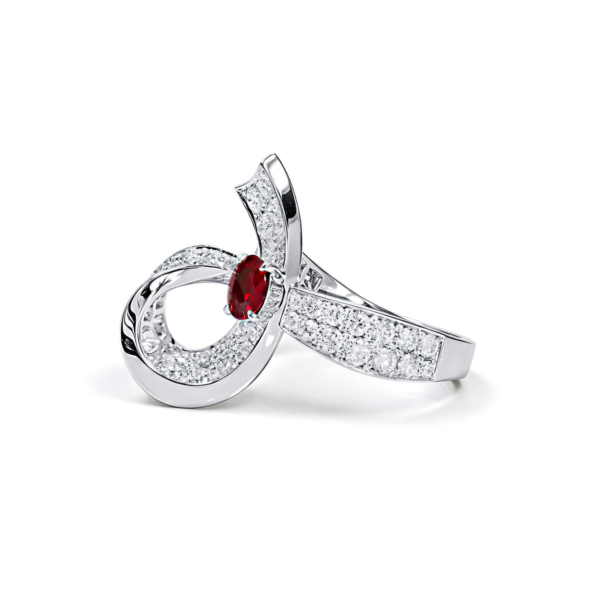 Natural 3.38 Ct. TW Unheated Burmese Vivid Red Ruby & Diamond Ribbon Ring, 18K White Gold