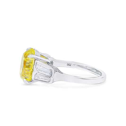 Natural Yellow Diamond Ring with Double Side Stone Diamonds, Round-Cut, 18K White Gold, 1.09 Ct. TW