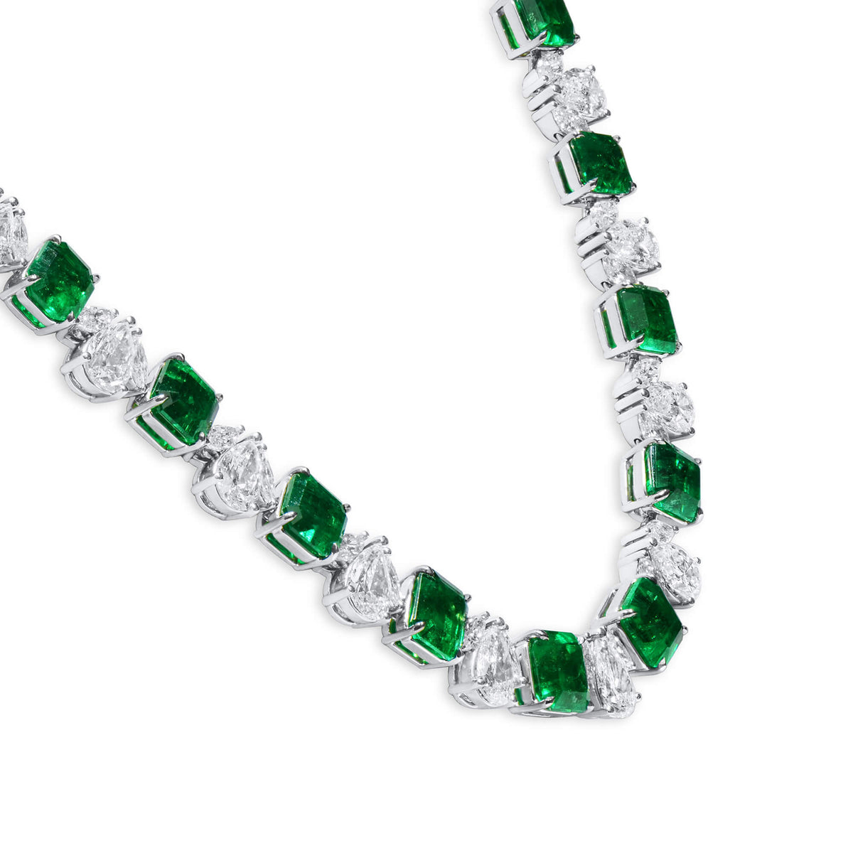 Natural 41.43 Ct. TW Emerald & Diamond Chain Necklace, 18K White Gold