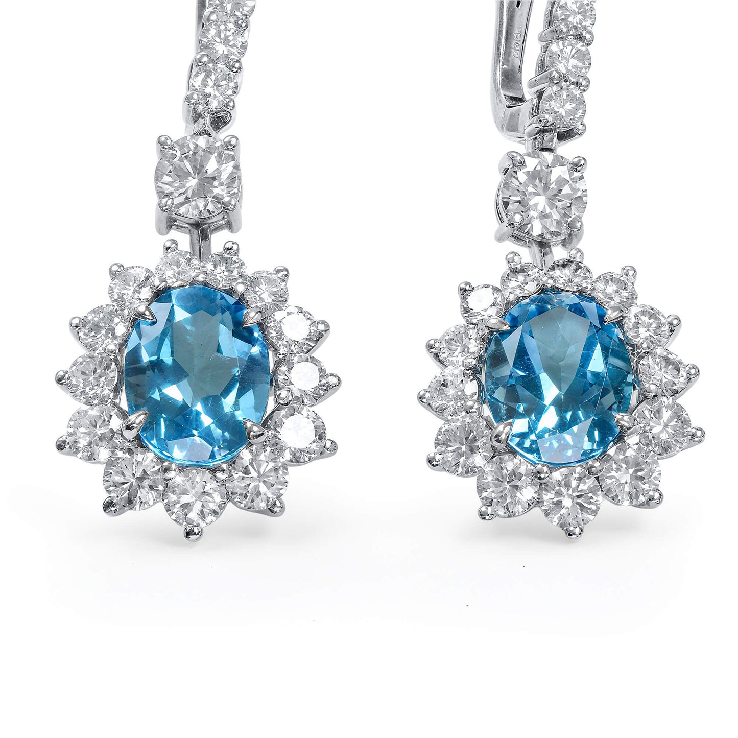 Natural Diamond and Blue Tourmaline Drop Earrings, 18K White Gold, Oval Shape, 7.14 Ct. TW