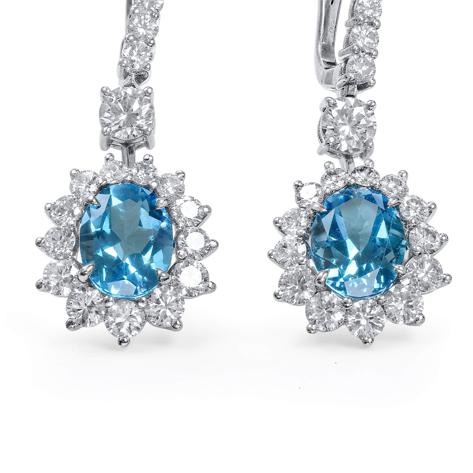 Natural Diamond and Blue Tourmaline Drop Earrings, 18K White Gold, Oval Shape, 7.14 Ct. TW