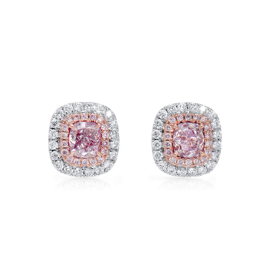 Very Light Pink Diamond Earrings, 0.99 Ct. TW, Cushion shape, GIA Certified