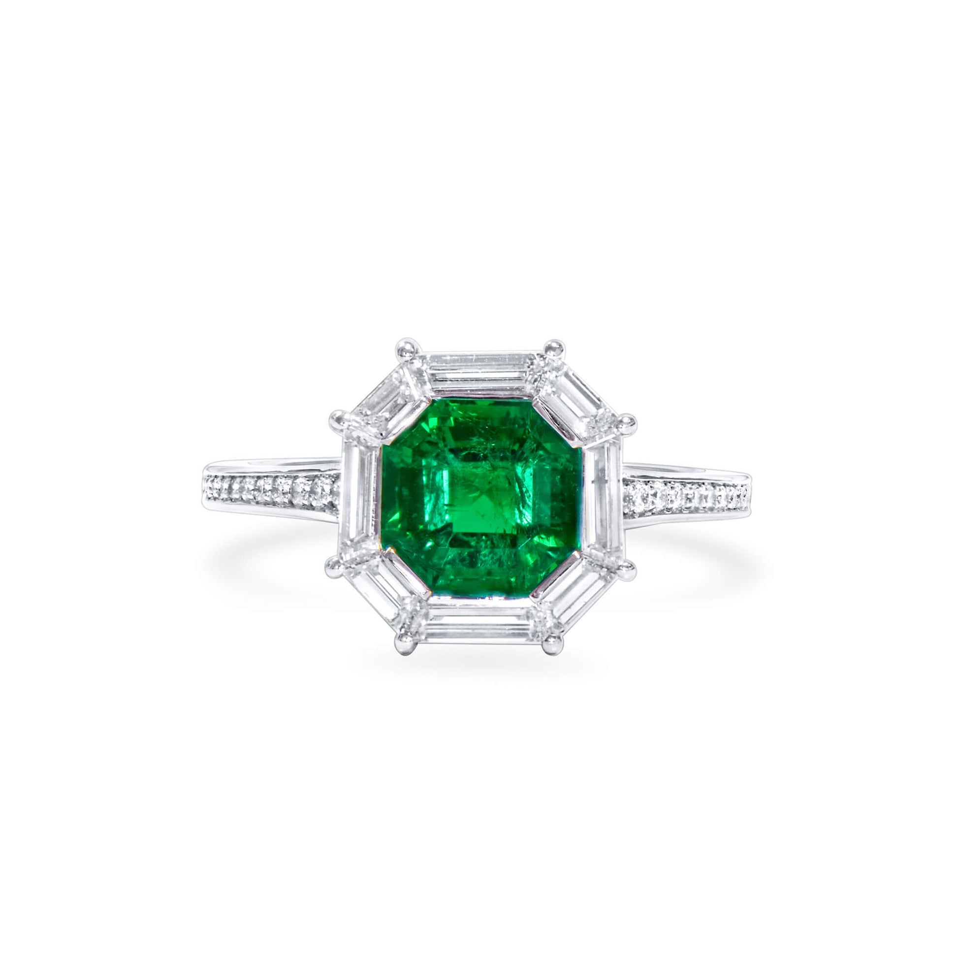 Natural Green Colombian Emerald & Diamond Halo Ring, 18K White Gold, Asscher Shape, 2.92 Ct. TW