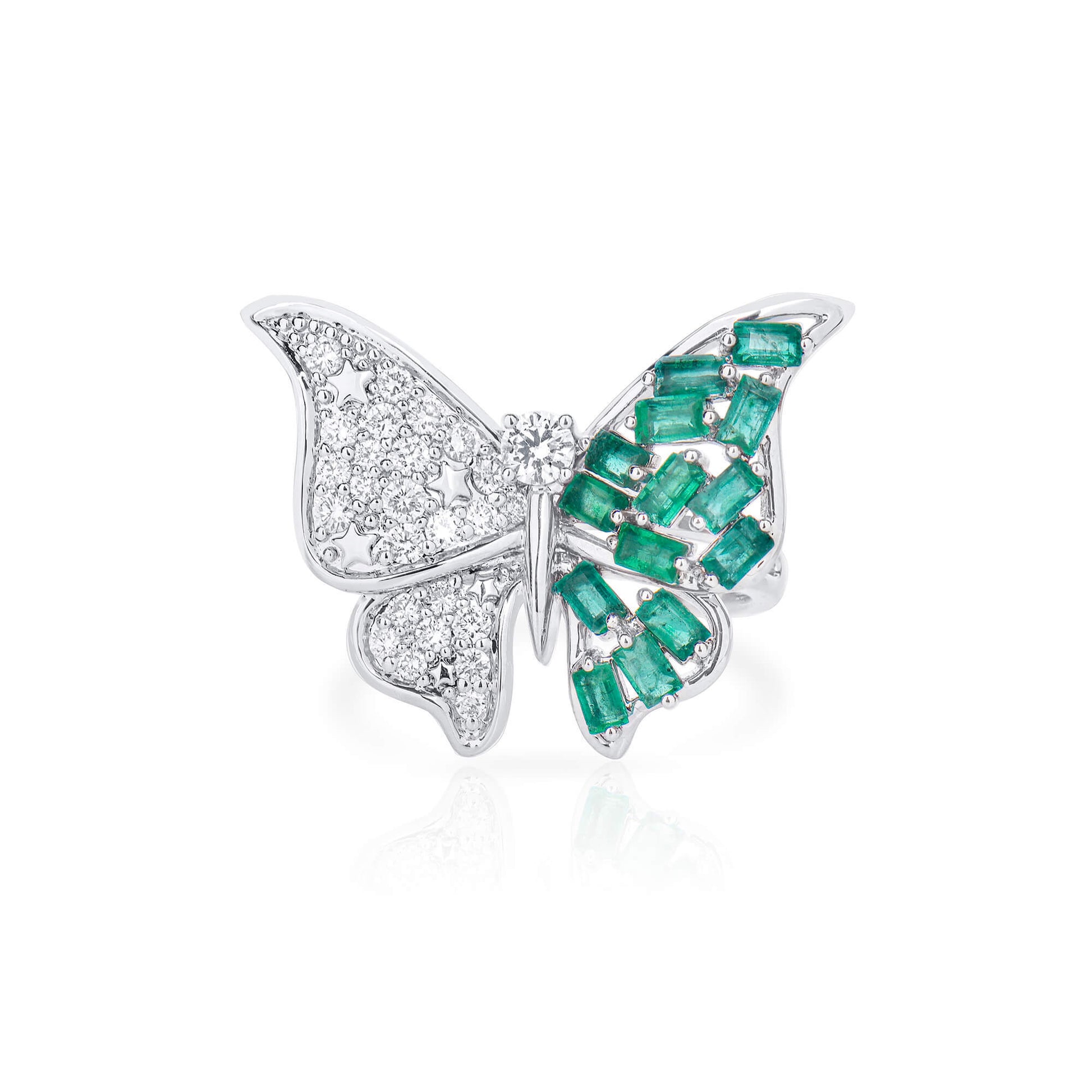Natural Emerald And Diamond Butterfly Ring, 14K White Gold, 1.96 Ct. TW