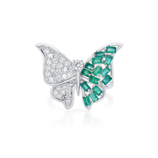 Natural Emerald And Diamond Butterfly Ring, 14K White Gold, 1.96 Ct. TW