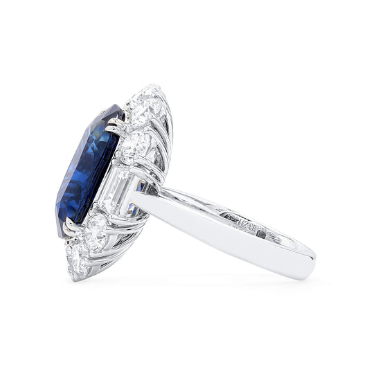 Natural Vivid Blue Sapphire Halo Ring, 18K White Gold, Oval Shape, 13.16 Ct. TW