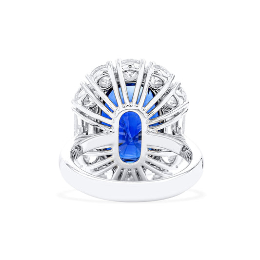 Natural Vivid Blue Sapphire Halo Ring, 18K White Gold, Oval Shape, 13.16 Ct. TW