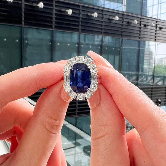 Natural Vivid Blue Sapphire Halo Ring, 18K White Gold, Oval Shape, 13.16 Ct. TW