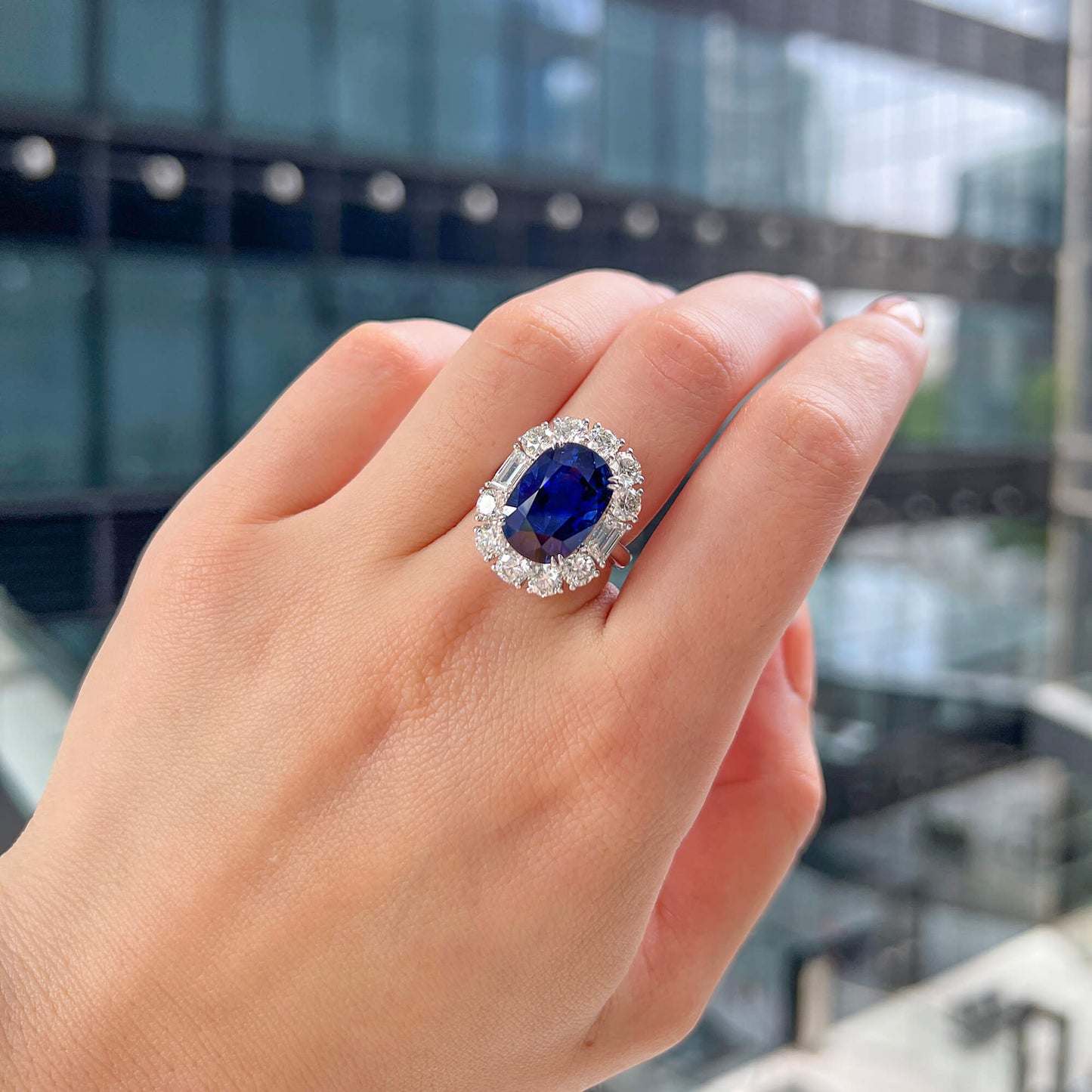 Natural Vivid Blue Sapphire Halo Ring, 18K White Gold, Oval Shape, 13.16 Ct. TW