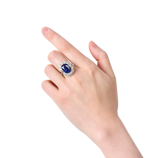 Natural Vivid Blue Sapphire Halo Ring, 18K White Gold, Oval Shape, 13.16 Ct. TW
