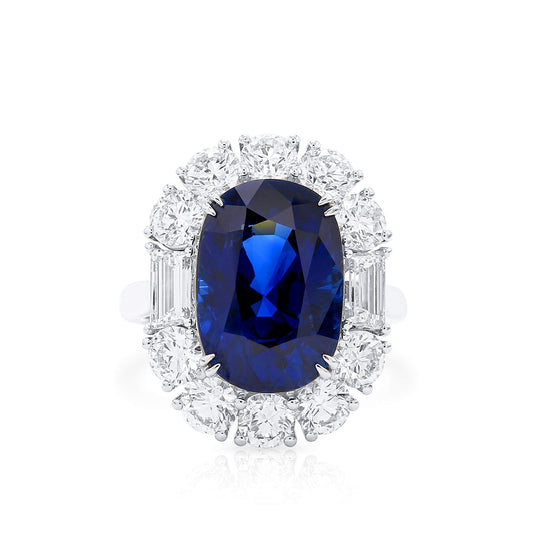 Natural Vivid Blue Sapphire Halo Ring, 18K White Gold, Oval Shape, 13.16 Ct. TW
