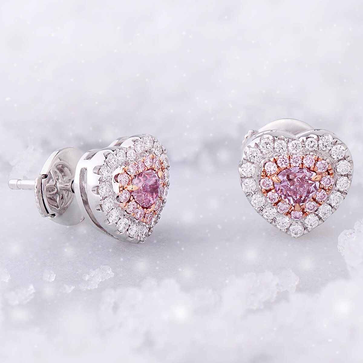 Natural Pink & White Diamond Stud Earrings, 18K White Gold, Heart Shape, 0.60 Ct. TW