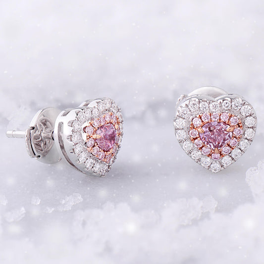 Natural Pink & White Diamond Stud Earrings, 18K White Gold, Heart Shape, 0.60 Ct. TW
