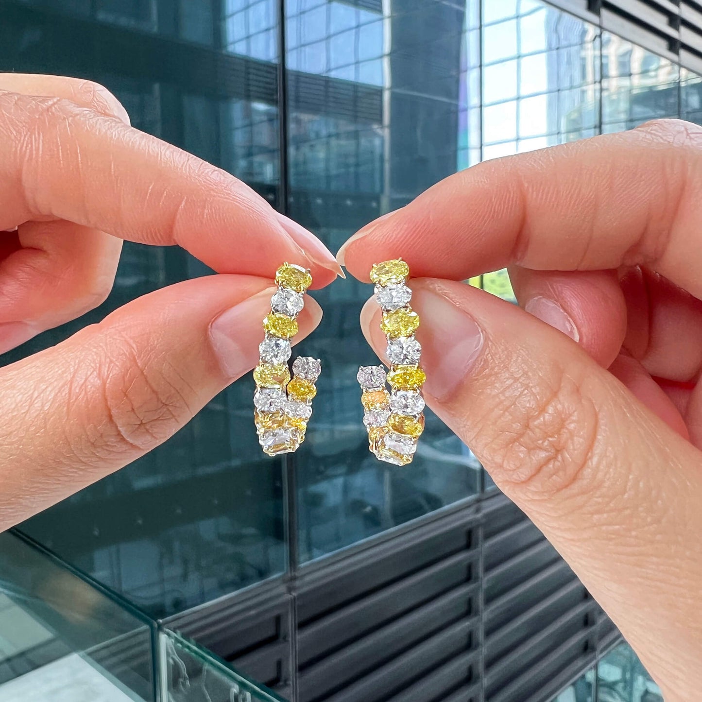 Natural Fancy Yellow & White Hoop Earrings, 18K White & Yellow Gold, Oval Shape, 4.80 Ct. TW