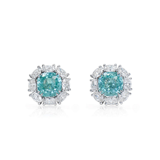 Natural Paraiba & Diamond Stud Earrings, 18K White Gold, Cushion Shape, 4.98 Ct. TW