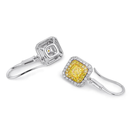 Natural Fancy Yellow & White Drop Earrings, 18K White Gold, Cushion Shape, 1.90 Ct. TW