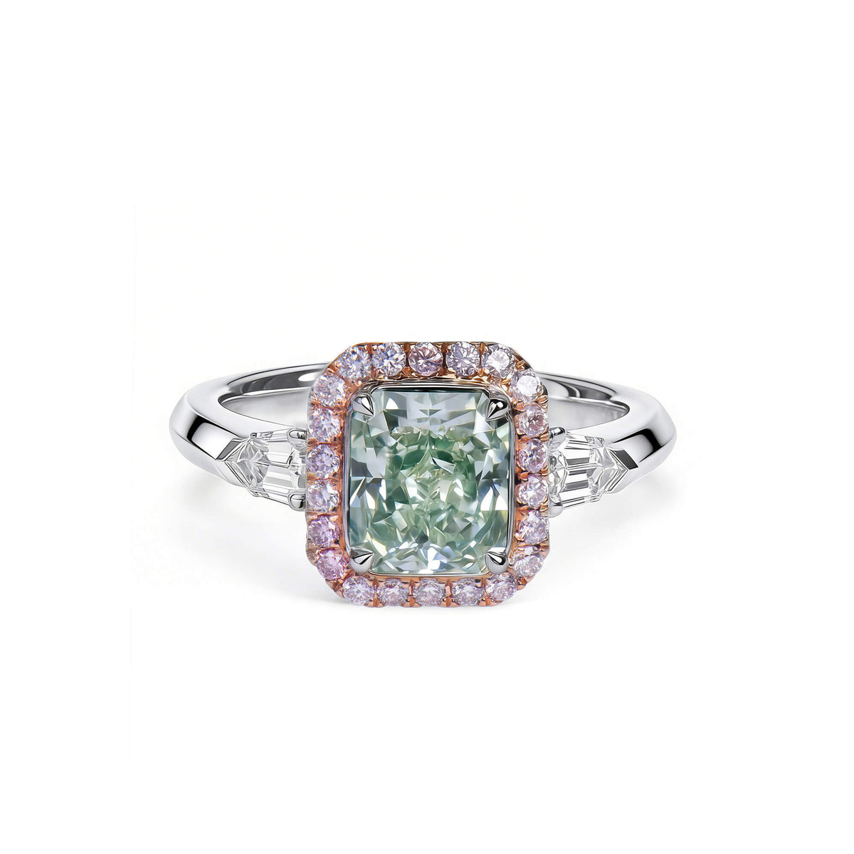 Natural 2.26 Ct. TW Grayish Yellowish Green Radiant-Cut Diamond Halo Ring, 18K White & Rose Gold
