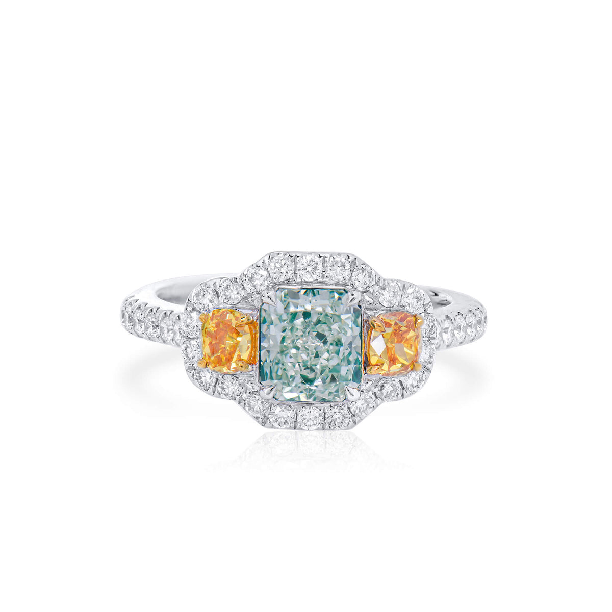 Natural Very Light Green Diamond Ring, 18K White Gold, Radiant Shape, 2.05 Ct. TW