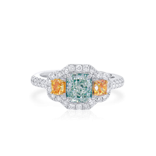 Natural Very Light Green Diamond Ring, 18K White Gold, Radiant Shape, 2.05 Ct. TW
