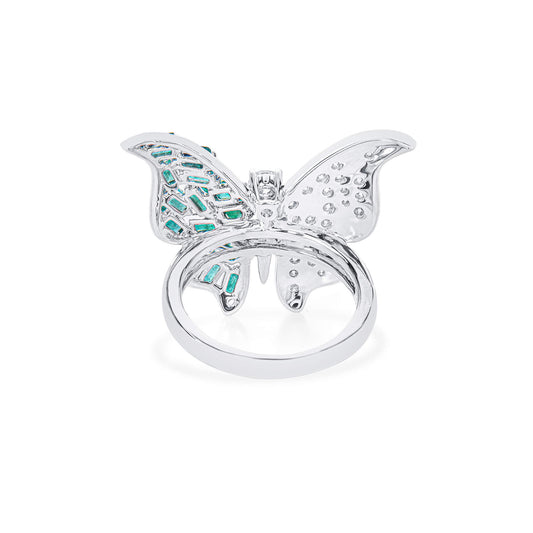 Natural Emerald And Diamond Butterfly Ring, 14K White Gold, 1.96 Ct. TW